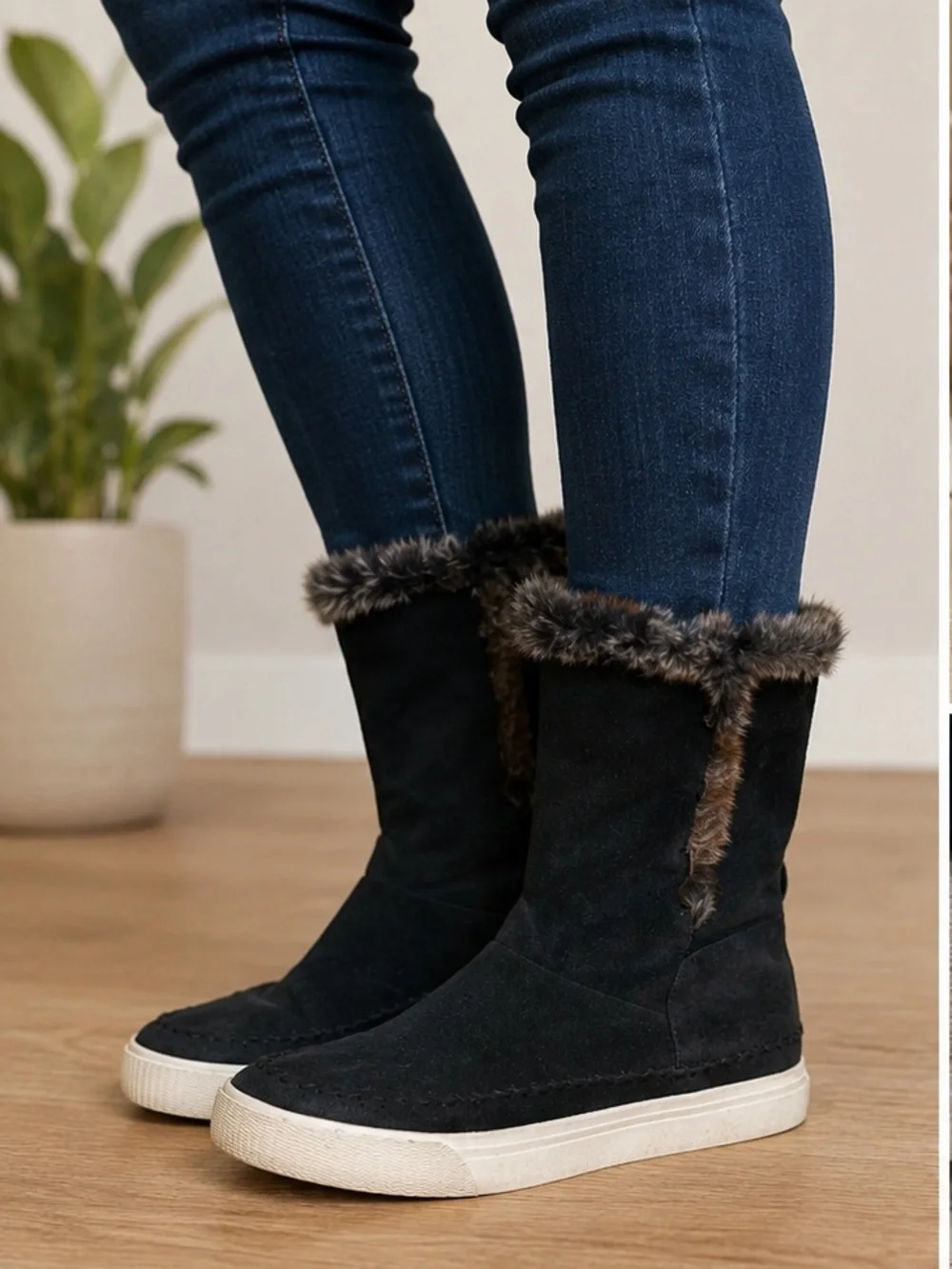 TOMS‎ Vista Boots Size 8 Black Suede Faux Fur PullOn Winter Mid Calf Comfort